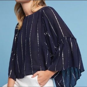 Floreat Anthropologie Blue Striped Bell Sleeve Flowy Top Blouse